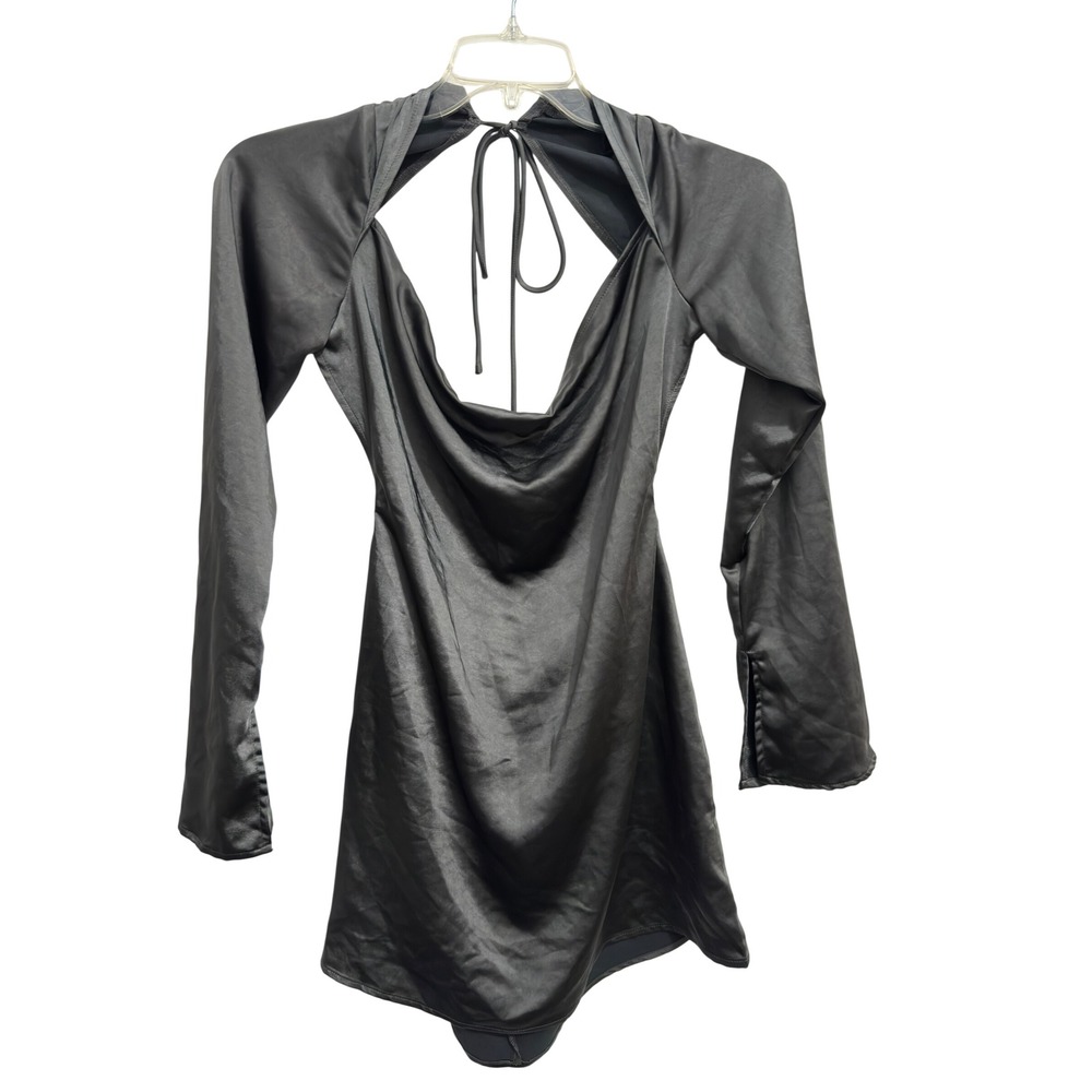 Princess‎ Polly Maia Black Satin Cowl Back Long Sleeve Mini Dress NWT Sz 8 AU 12
